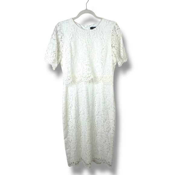 Lulus NWOT Devotion Off-White Eyelash Lace Sheer Cap Sleeve Midi Dress Medium - Picture 3 of 12